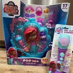 Bundle New Disney Junior Ariel Pop Tails Fashion Doll Playset w/ Sing Along Mic